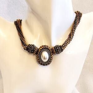 Vintage Multi-strand Black Silver Gold Colored Necklace Faux Pearl, Magnet Clasp